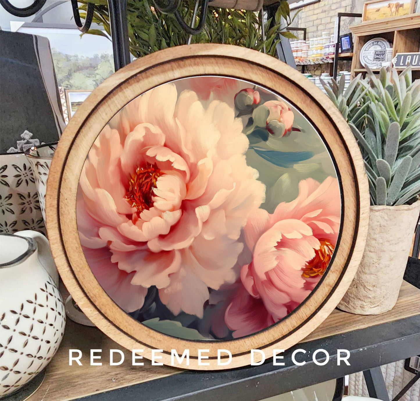 8" Round Pink Flowers Art